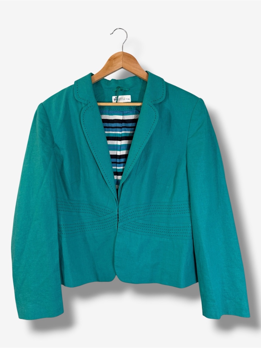Marks & Spencer Teal Green Linen Jacket UK 20 (US 16) Contrast Stitch Preppy